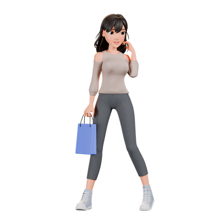 Shopaholic Girl Standing With Shopping Bag  3D Illustration