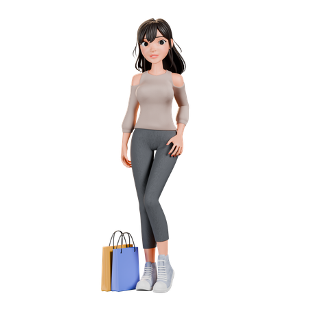 Shopaholic Mädchen geben stehende Pose mit Einkaufstasche  3D Illustration