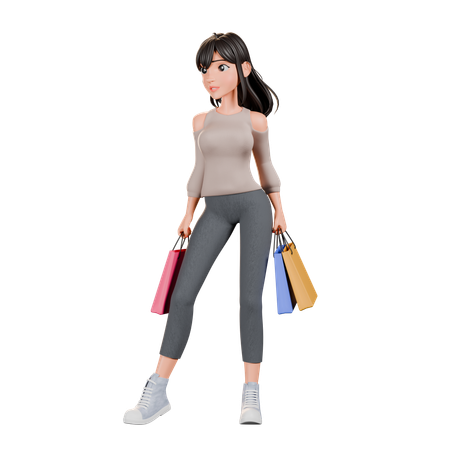 Shopaholic Mädchen steht mit Einkaufstüten  3D Illustration