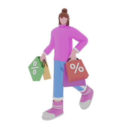 Shopaholic Woman Doing Discount Shopping  3D Illustration