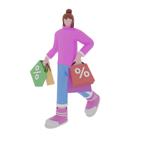 Shopaholic Woman Doing Discount Shopping  3D Illustration