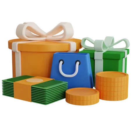 3 D Rendering Gift Box Shopping Bag And Money Isolated 3D Icon