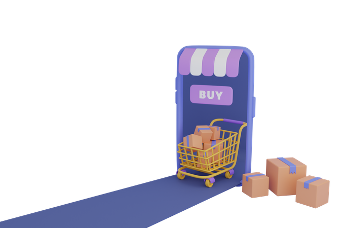 Shopping cart with box and mobile  3D Illustration