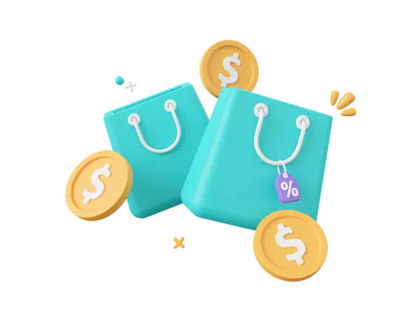 3 D Cartoon Design Illustration Of Shopping Bags With Discount Tag And Dollar Coin Shopping Online Concept 3D Icon