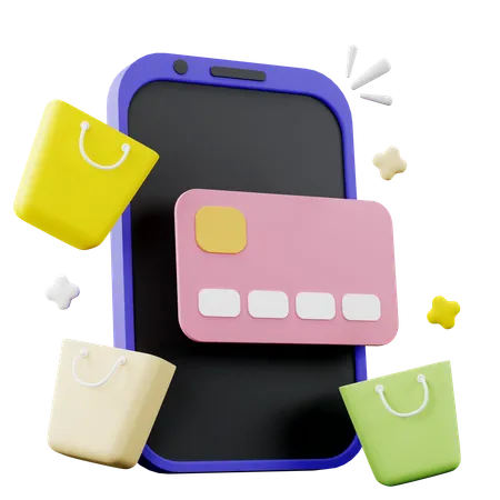 3 D Illustration Of Smartphone With Shopping Bag And Credit Cards 3D Icon