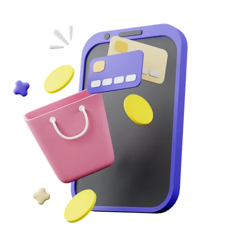3 D Illustration Of Smartphone With Credit Card Shopping Bag And Coins 3D Icon