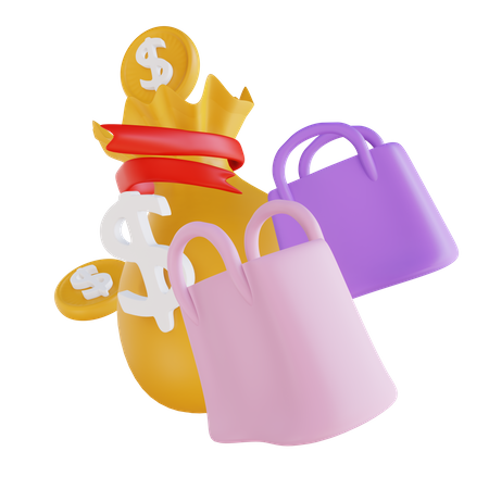 Shopping bag and money bag  3D Illustration