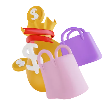 Shopping bag and money bag  3D Illustration