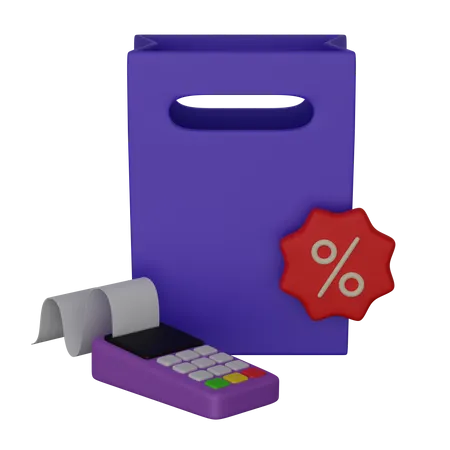 Shopping bag with terminal and percentage  3D Icon