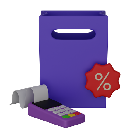 Shopping bag with terminal and percentage 3D Icon