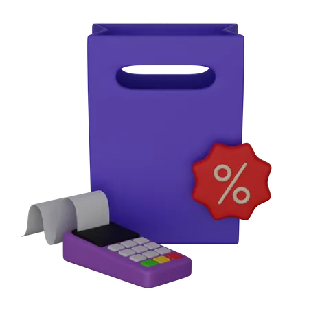 Shopping bag with terminal and percentage  3D Icon