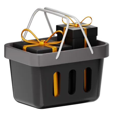 Plastic Basket Filled Gift Box With Black Color Black Friday 3 D Icon Illustration Vector Happy Shopping With Discount And Hot Sale 3D Icon
