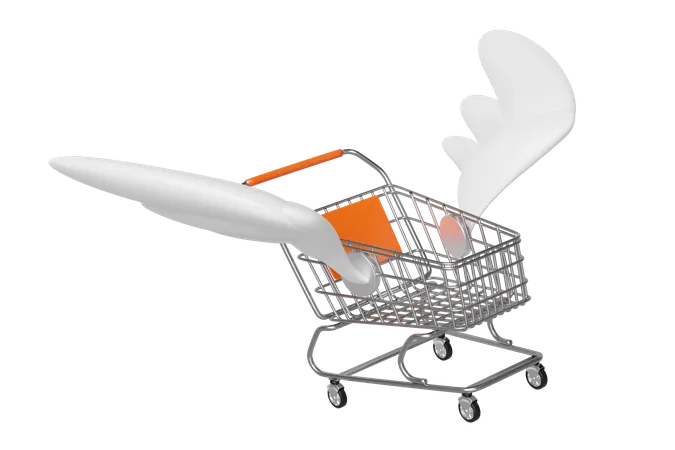 Empty Stainless Steel Shopping Carts Or Basket With Wing Isolated On Orange Background Online Shopping Express Delivery Concept 3 D Illustration Render 3D Icon