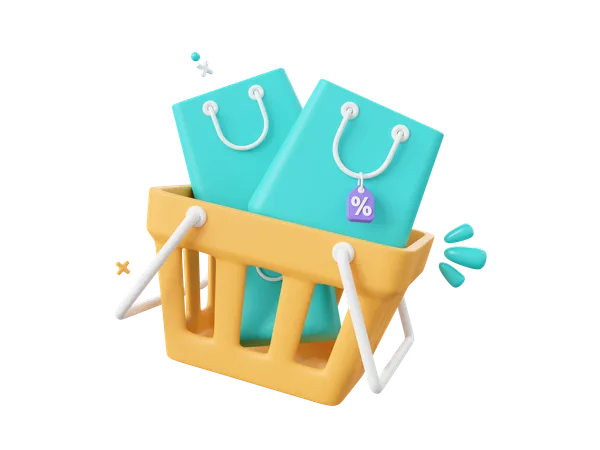 3 D Cartoon Design Illustration Of Shopping Cart And Shopping Bags With Discount Tag Shopping Online Concept 3D Icon