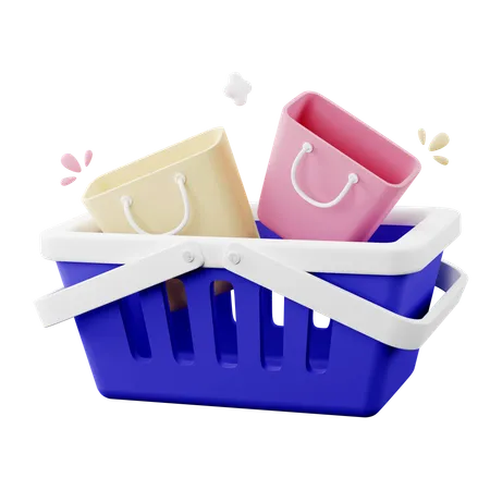 3 D Illustration Of Shopping Basket With Shopping Bags 3D Icon