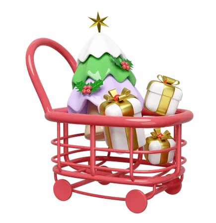 Shopping Cart With Christmas Tree Gift Box Merry Christmas And Happy New Year 3 D Render Illustration 3D Illustration