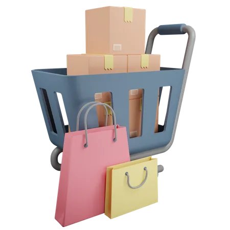 Shopping Cart Box And Shopping Bag 3D Icon