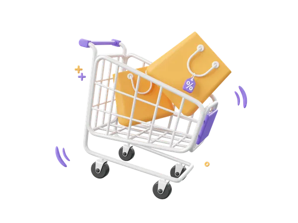 3 D Cartoon Design Illustration Of Shopping Cart With Shopping Bags Shopping Online Concept 3D Icon
