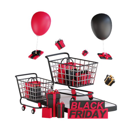 Shopping cart with black friday balloons 3D Illustration