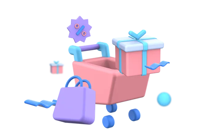 Shopping cart with gift box 3D Illustration