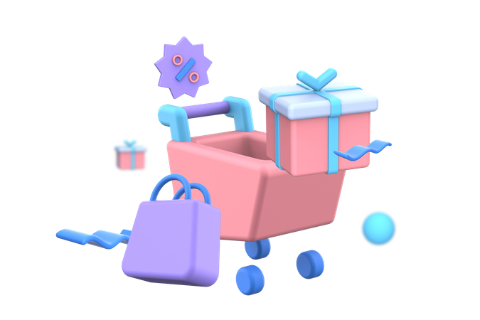 Shopping cart with gift box  3D Illustration