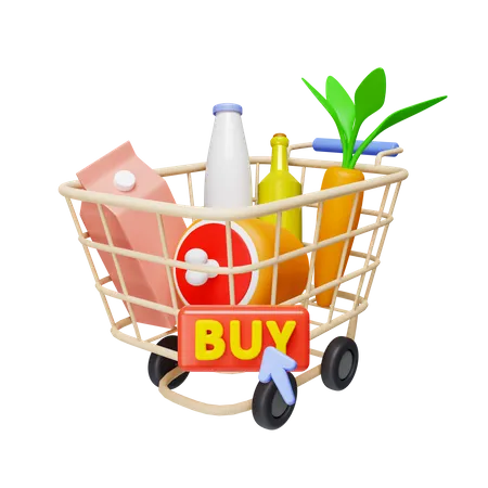 3 D Shopping Cart And Food With Buy Button Food Delivery Concept From Online Store Icon Isolated On White Background 3 D Rendering Illustration Clipping Path 3D Icon