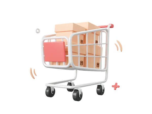 Shopping Cart With Parcel Box 3 D Cartoon Icon 3D Icon