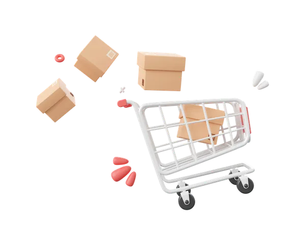 Shopping Cart With Parcel Box 3 D Cartoon Icon 3D Icon