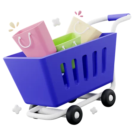 3 D Illustration Of Shopping Cart With Shopping Bags 3D Icon