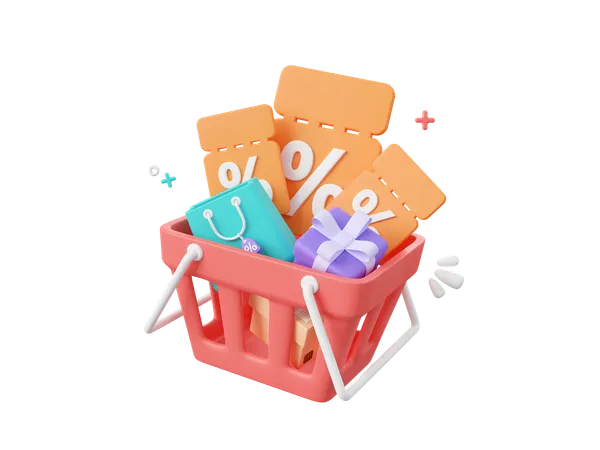 3 D Cartoon Design Illustration Of Discount Code With Shopping Bag Parcel Box And Gift Box In Shopping Basket Advertising Marketing Promotion Concept 3D Icon