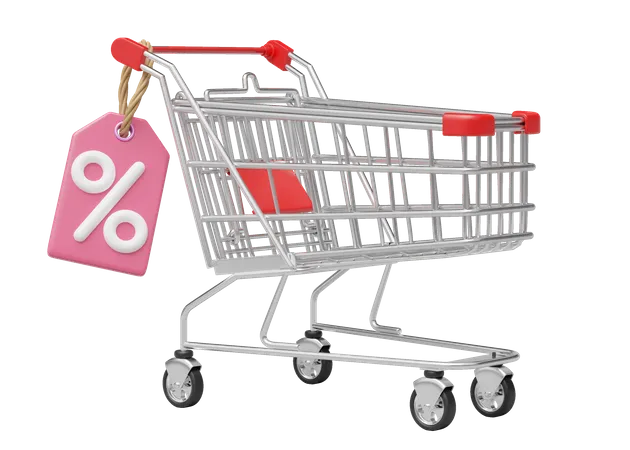 Shopping Cart Special Offer Icon 3 D White Shop Trolley With Percent Discount Tag Isolated On Blue Copy Space Background Digital Market Online Super Sale Concept Business Cartoon Style 3 D Render 3D Icon