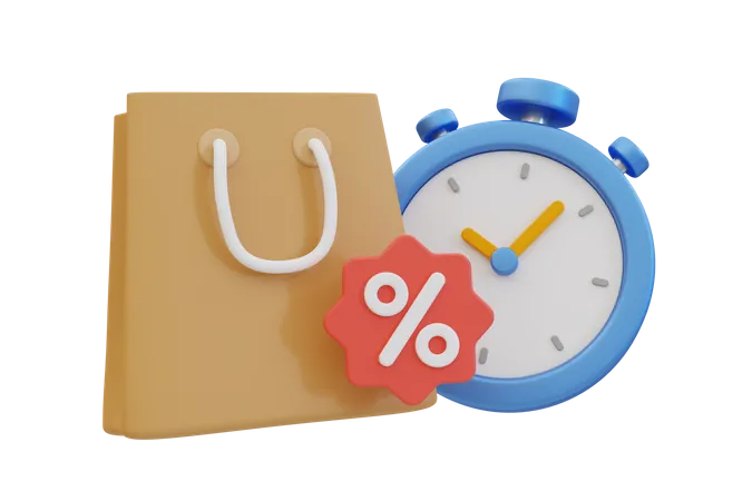 3 D Minimal Discount Time Shopping Sale Event Shopping Bag With A Stopwatch And Percent Tag 3D Icon