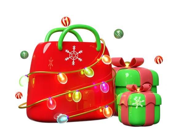 3 D Shopping Paper Bags With Glass Transparent Lamp Garlands Decorative Ball Snowflake Merry Christmas And Happy New Year 3 D Render 3D Illustration