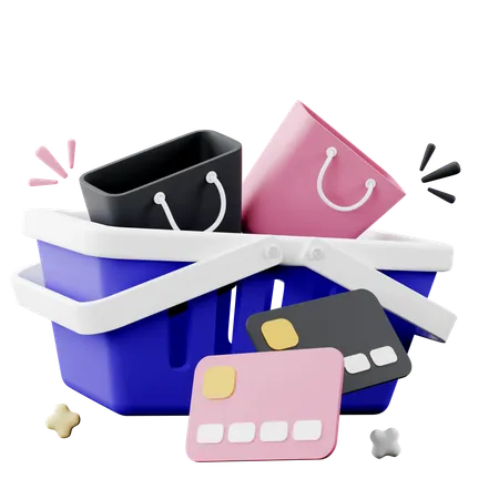 3 D Illustration Of Shopping Basket With Shopping Bag And Credit Cards 3D Icon