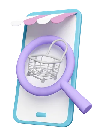 3 D Mobile Phone Smartphone With Store Front Shopping Carts Magnifying Glass Isolated Web Search Engine Or Web Browsing Online Shopping Concept 3D Icon