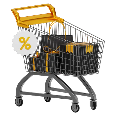 Trolley With Three Gift Box And Percent Black Friday 3 D Icon Illustration Vector Happy Shopping With Discount And Hot Sale 3D Icon