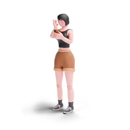 Short haired girl amazed using smartphone  3D Illustration