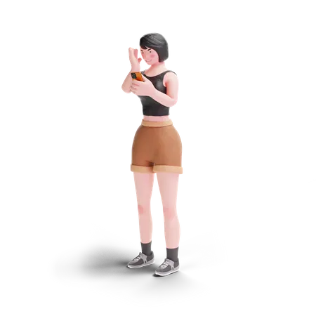 Short haired girl amazed using smartphone  3D Illustration