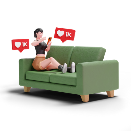 Short haired girl getting likes from social media while sitting on sofa  3D Illustration