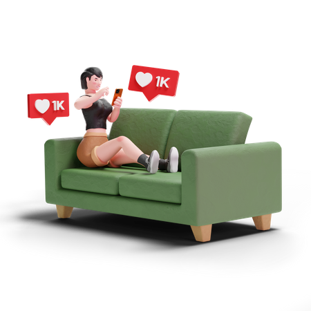 Short haired girl getting likes from social media while sitting on sofa 3D Illustration