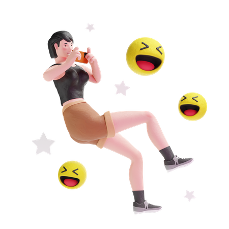 Short haired girl laughing with smartphone 3D Illustration