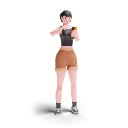 Short haired girl pointing to smartphone  3D Illustration