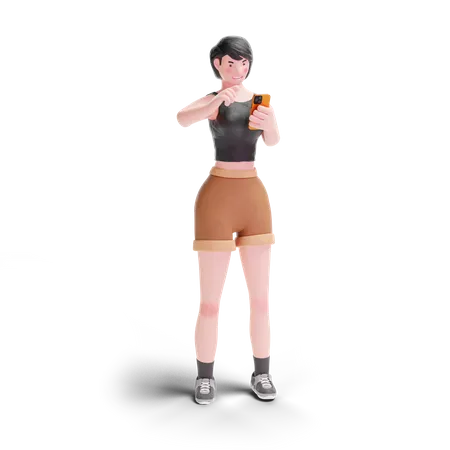 Short haired girl pointing to smartphone  3D Illustration