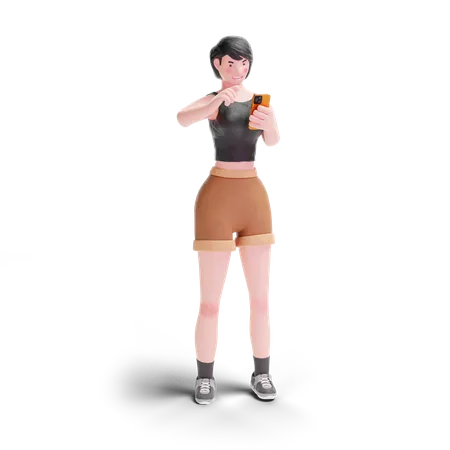 Short haired girl pointing to smartphone 3D Illustration