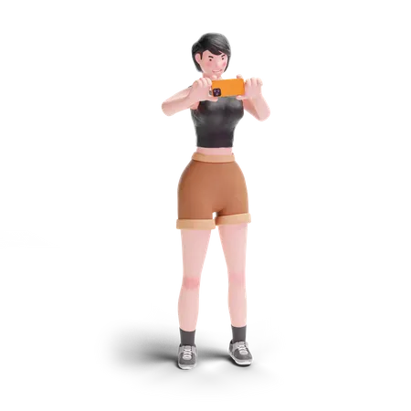 Short haired girl taking picture using smartphone  3D Illustration