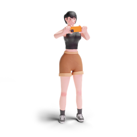 Short haired girl taking picture using smartphone 3D Illustration