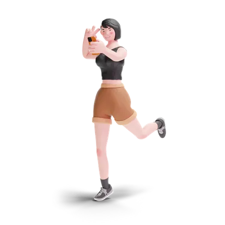 Short haired girl using selfie with peace hand gesture  3D Illustration