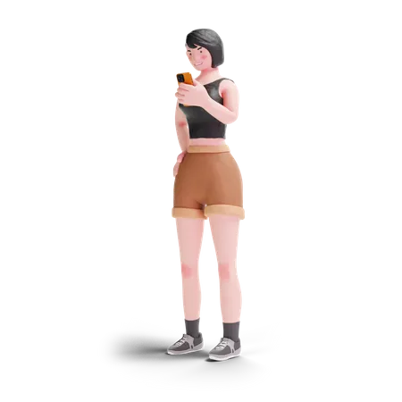 Short haired girl using smartphone  3D Illustration