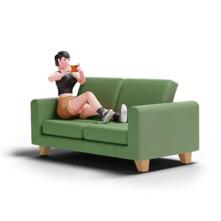 Short haired girl using smartphone on sofa 3D Illustration