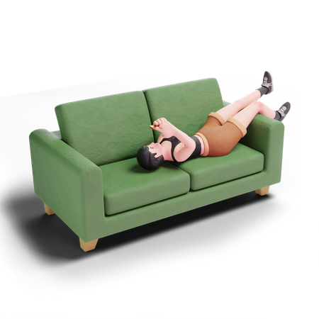 Short haired girl using smartphone while laying on sofa 3D Illustration
